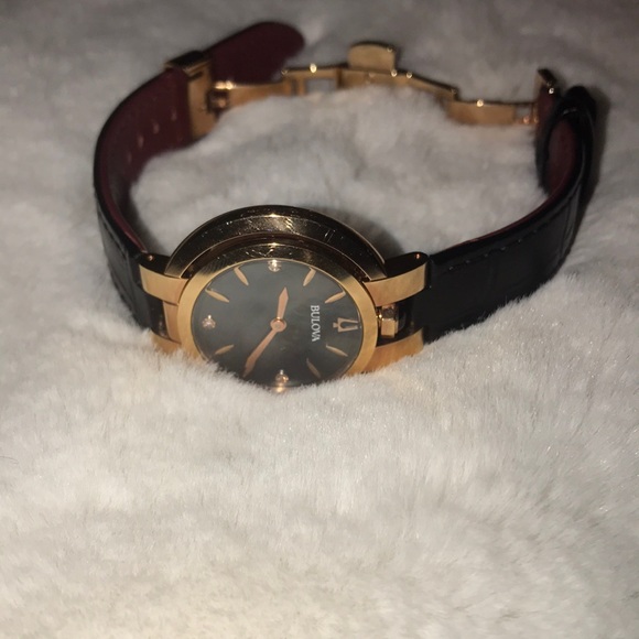 Leather Bulova Rubaiyat Ladies Diamond Rose Gold Tone Stainless Quartz Watch - Picture 3 of 9